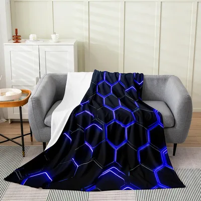 Blue Neon Honeycomb Pattern Blanket: Geometric Hexagon Design