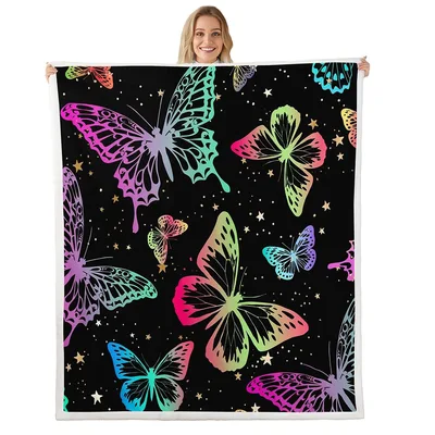 Colorful Butterflies on Black Blanket featuring neon gradient insects