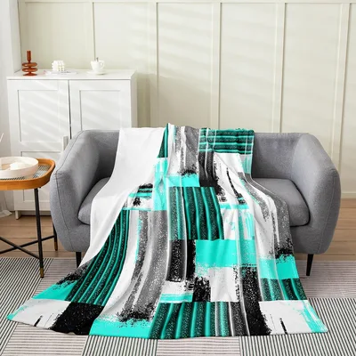 Teal Gray Abstract Brushstroke Blanket