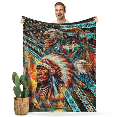 Native Chief Eagle Wolf Blanket: Artistic Tribal Portrait Design