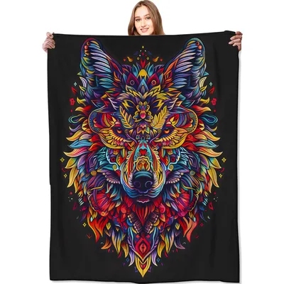 Colorful Geometric Wolf Head Blanket: Vibrant Artistic Design