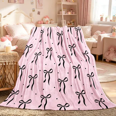 Pink Black Bow Pattern Blanket featuring scattered black ribbon bows