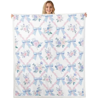 Blue Ribbon Bow Pattern Blanket: Soft Floral and Ribbon Design