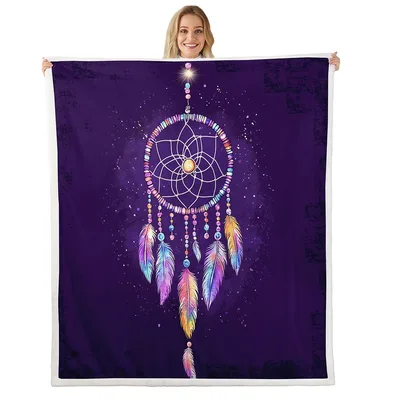 Boho Dreamcatcher Feathers Blanket: Rainbow Feather Art on Purple