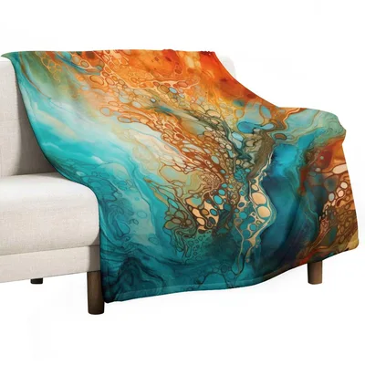 Aqua Abstract Fluid Art Blanket: Turquoise and Orange Swirls