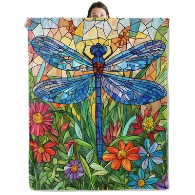 Dragonfly Stained Glass Art Blanket: Vibrant Blue Insect Design