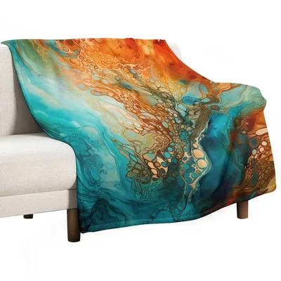 Aqua Orange Abstract Art Blanket: Turquoise and Rust Fluid Design