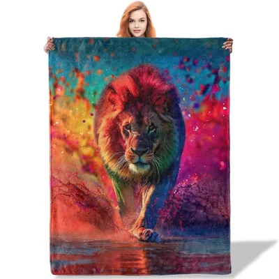 Colorful Lion Galaxy Art Blanket: Vibrant Feline Print