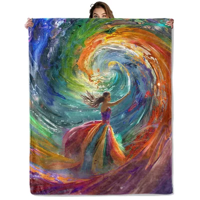Woman in Swirling Blanket: A Dancer Amidst Colorful Art