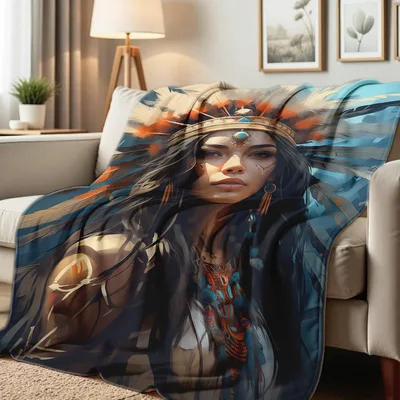 Native American Woman Headdress Blanket: Artistic Feathered Portrait