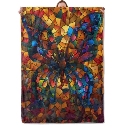 Stained Glass Butterfly Mosaic Blanket: Vibrant Art Print for Home