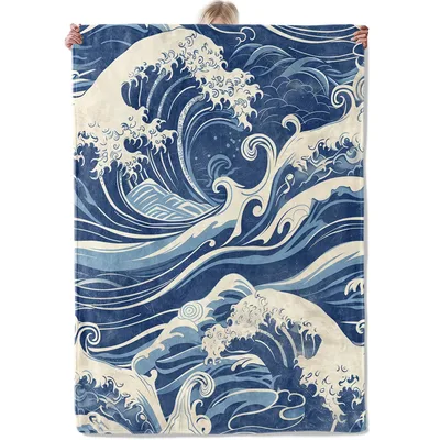 Great Blue Wave Pattern Blanket: Japanese Art Style Throw