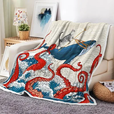 Octopus Whale Wave Art Blanket: Nautical Cat and Kraken Design