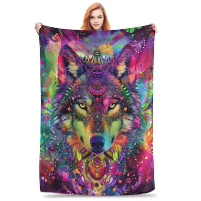Colorful Cosmic Wolf Portrait Blanket: Psychedelic Art Design