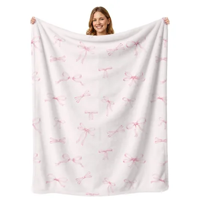 Pink Bows Coquette Pattern Blanket: Watercolor Ribbon Design