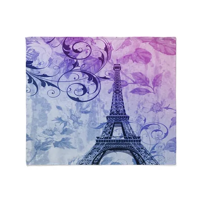 Eiffel Tower Purple Floral Blanket: Parisian Art with Swirling Vines