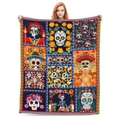 Day of the Dead Sugar Skull Tiles Blanket Features Colorful