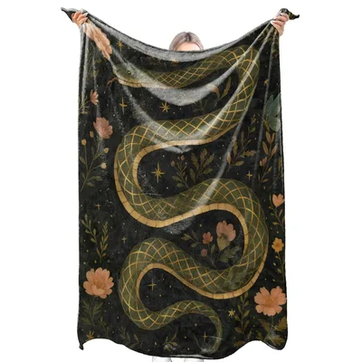 Golden Snake and Florals Blanket: Mystical Serpent Design