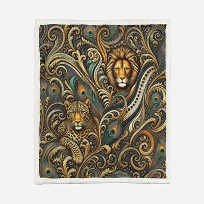 Baroque Lion Scrollwork Art Blanket: Ornate Feline Design