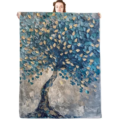 Abstract Tree Blue Golden Blanket: Textured Art with Teal Leaves