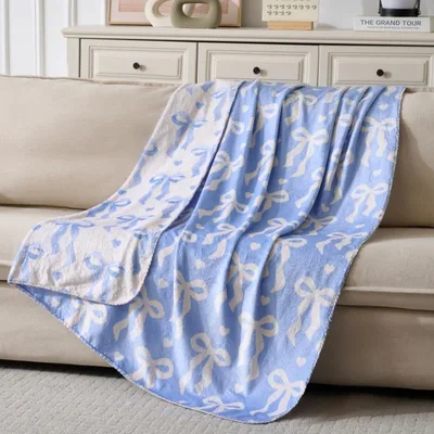 Blue Bow Pattern Blanket: Coquette Aesthetic Throw for Sofa and Bed