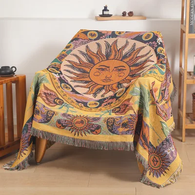 Vintage Sun and Moon Boho Blanket: Celestial Art for Your Living Space