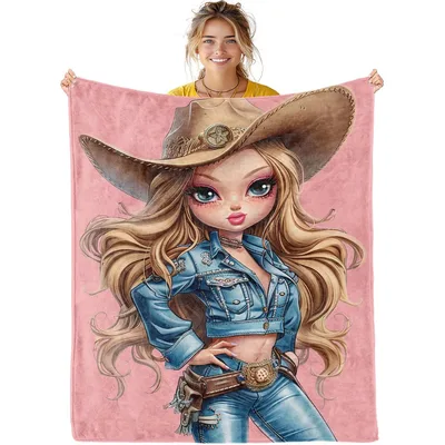Cowgirl Cartoon with Hat Blanket: Stylish Western Girl Design
