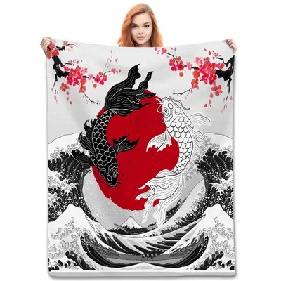 Yin Yang Koi Fish Blanket: Japanese Art with Cherry Blossoms and Waves