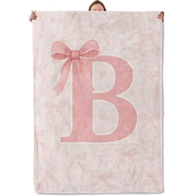 Pink Bow Monogram Letter B Blanket with Soft Pink Ribbon Design