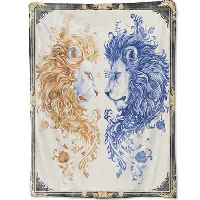 Royal Gold and Blue Blanket: Ornate Lion Art for Noble Interiors
