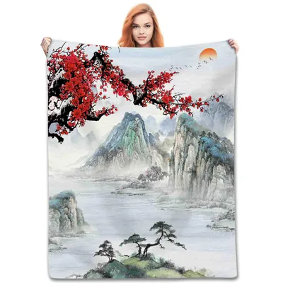 Ink Painting Mountains Blanket: Traditional Landscape Art