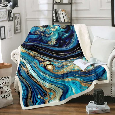Blue Gold Marble Watercolor Blanket: Abstract Teal and Gold Art Design