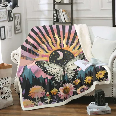 Boho Butterfly Sunrise Design Blanket for Cosmic Nature Lovers