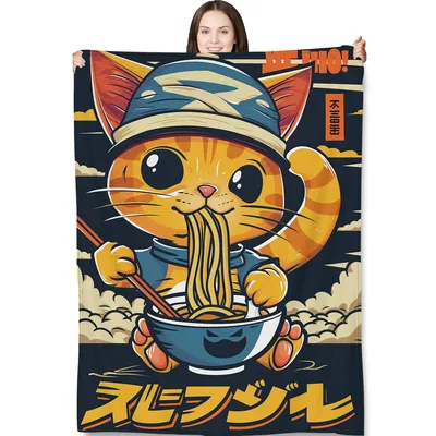Ramen Cat Eating Noodles Blanket: Anime Feline Slurping Design