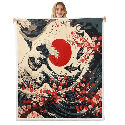 Great Wave Cherry Blossom Blanket: Ukiyo Art with Koi and Sun