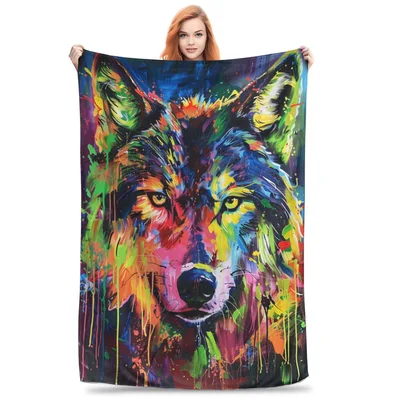 Colorful Painted Wolf Art Blanket: Vibrant Abstract Canine Design