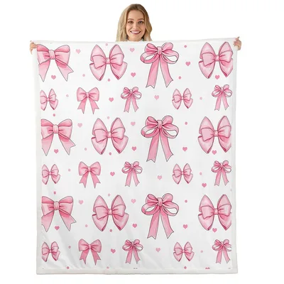 Pink Coquette Bow Pattern Blanket featuring watercolor pink ribbons