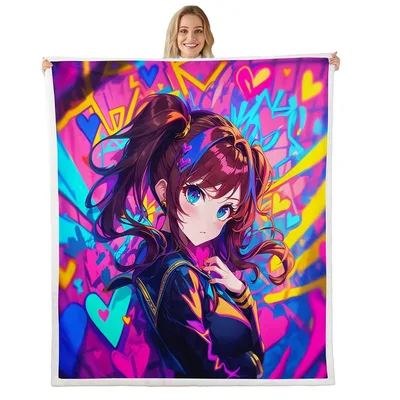 Colorful Anime Girl Portrait Blanket: Vibrant Kawaii Art for Your Room