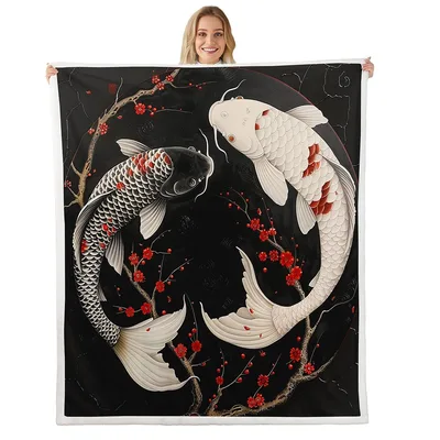 Ying Yang Koi Fish Blanket: Black and White Art with Cherry Blossoms