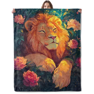 Majestic Lion with Roses Blanket: Serene Feline Art for Home