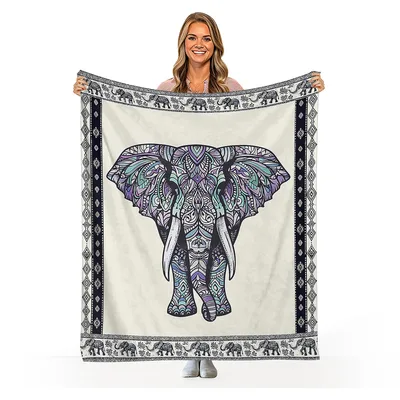 Ornate Mandala Elephant Blanket: Intricate Purple Design