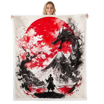 Samurai and Dragon Red Blanket: Ink Painting Art with Moon