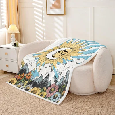 Sun and Moon Phase Print Blanket: Boho Sunflower and Celestial Design