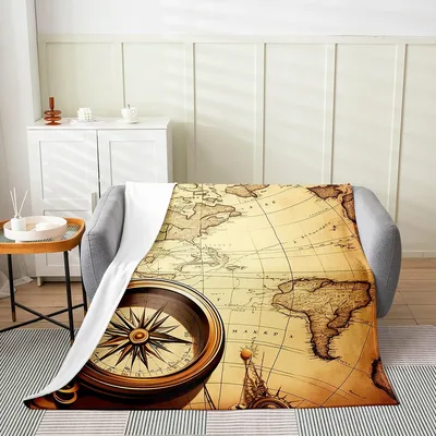 Vintage Compass World Map Blanket featuring a retro nautical chart