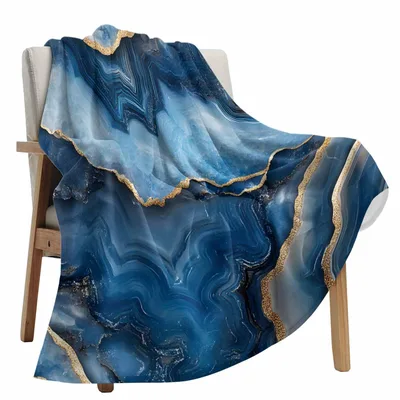 Blue Gold Marble Pattern Blanket featuring deep blue agate layers