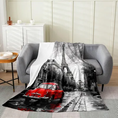 Eiffel Tower Vintage Red Blanket: Parisian Car Art Print