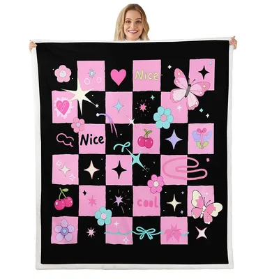 Pink Checkerboard Butterfly Bows Blanket: Y2K Aesthetic Throw