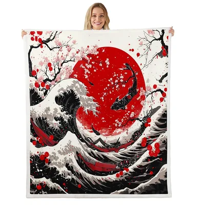 Japanese Wave Red Sun Blanket: Ukiyo Art with Koi and Cherry Blossoms