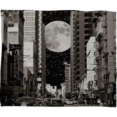 Black White City Moon Blanket: Urban Night Sky Design