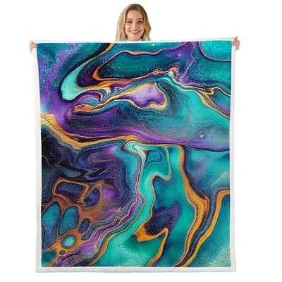 Turquoise Gold Fluid Marble Blanket featuring swirling cerulean